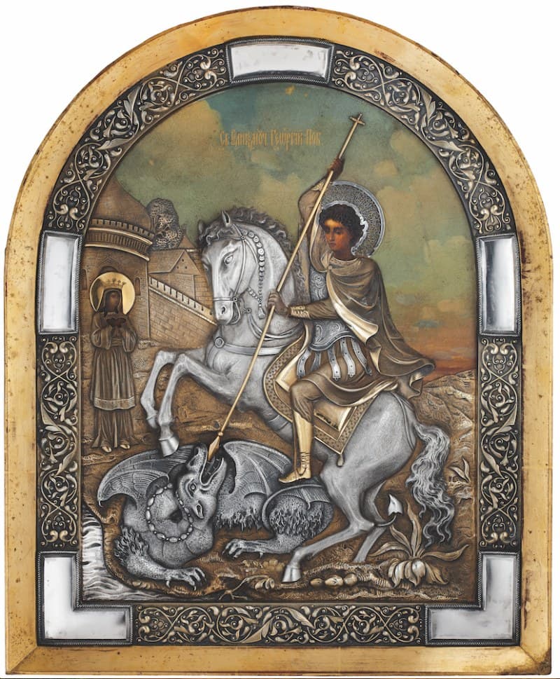Icône «Saint Georges», Moscou, début du XXe siècle, oklad d’argent — Auktionshaus Zofingen